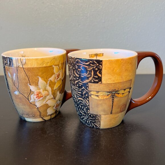 Two (2) LANG Golden Dragonfly & Golden Orchid Mug by Susan Winget ~ Vintage - Picture 1 of 8